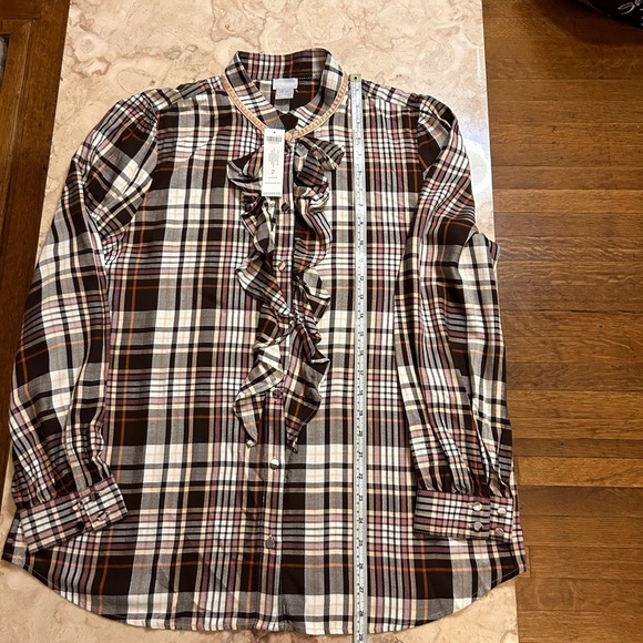 NWT Chico’s Ruffled Brown Plaid Shirt Large - Picture 8 of 10